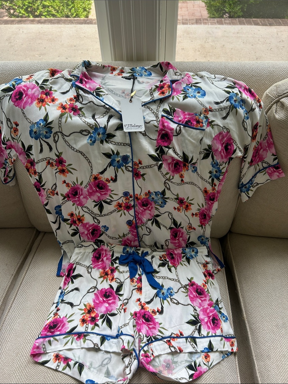 PJ Salvage White Floral Short Pajama Set with Pink & Blue Flowers